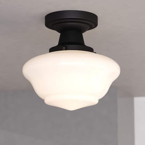 Eastgate 8.75 in. W Matte Black Traditional Semi Flush Mount Ceiling Light White Schoolhouse Glass