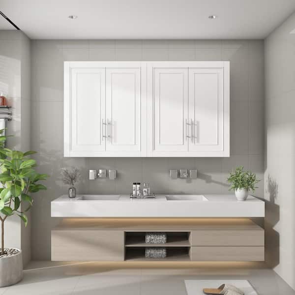 White 26 in. x 22 in. x 8 in. Wood Laundry Room Cabinet with 2 Shelves Set of 2
