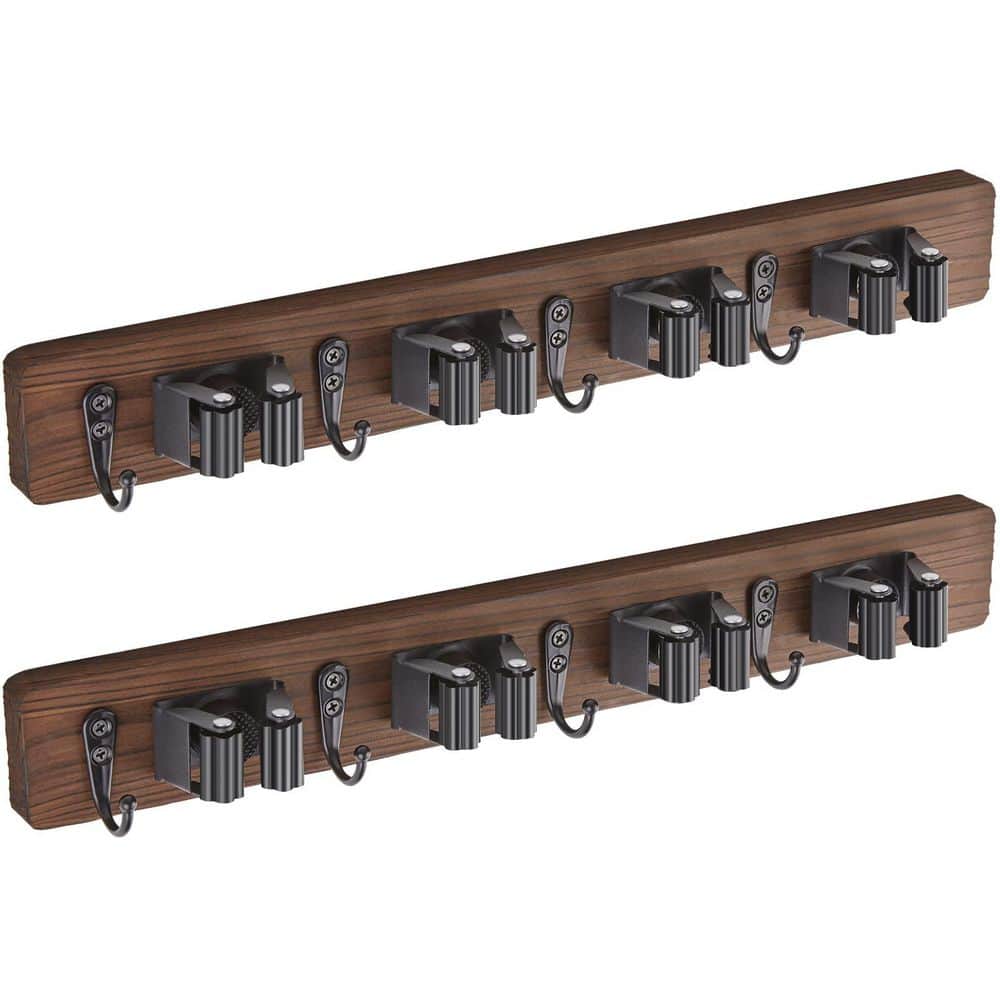 4 Slots and 4 Hooks Mop Broom Holder Wall Mount for Closet Garage Laundry Room, Brown (2-Pack) price history on PriceWatchPro