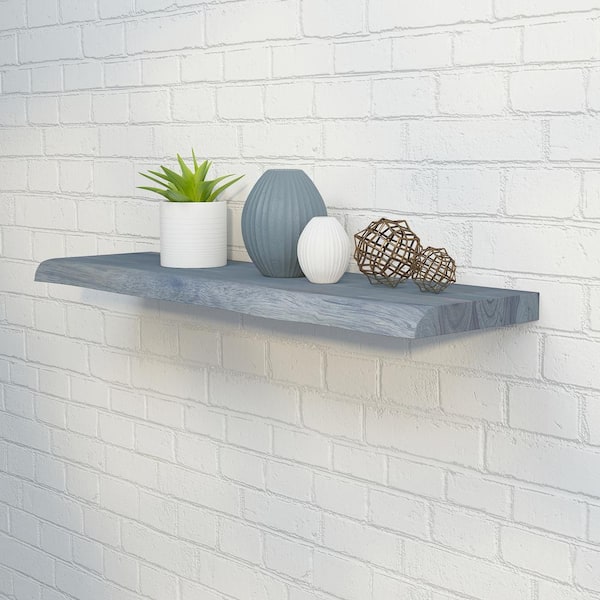 Interbuild Solid 2.9 ft. L x 10 in. D x 1.5 in. T, Acacia Butcher Block Countertop Floating Wall Shelf, Dusk Grey with Live Edge