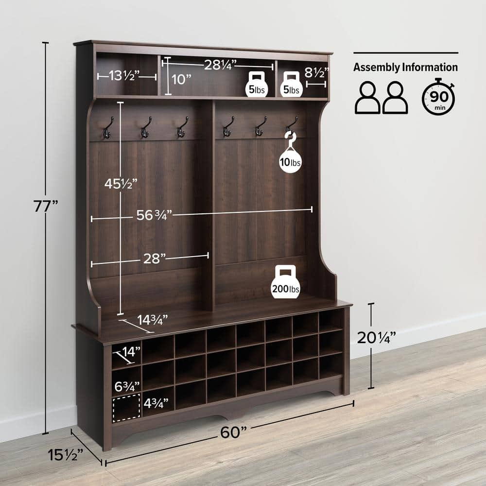 Espresso Hall Tree with Bench and 24 Shoe Cubbies