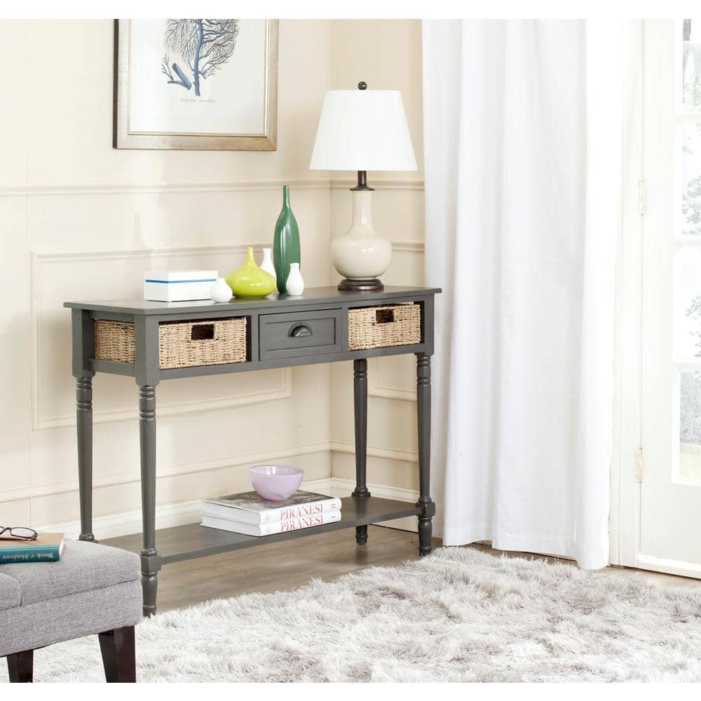 Gray Transitional Wood Console Table with Wicker Storage
