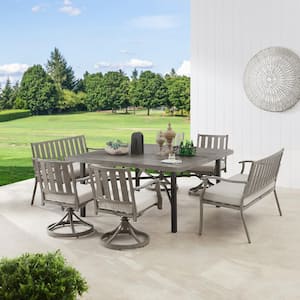 7-Piece Aluminum Outdoor Dining Set with Cushion, 4-Swivel Dining Chairs, 2-Dining Benches, Table
