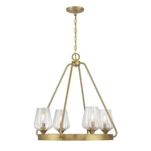 Carlton 4-Light Warm Brass Chandelier with Ribbed Glass Shades