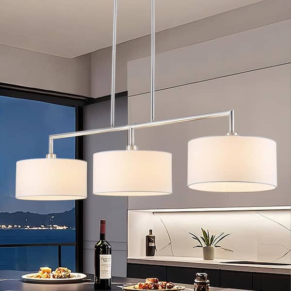 3-Light Sand Nickel 47 in. Kitchen Island Pendant Light Modern Linear Chandelier With Fabric Drum Shade