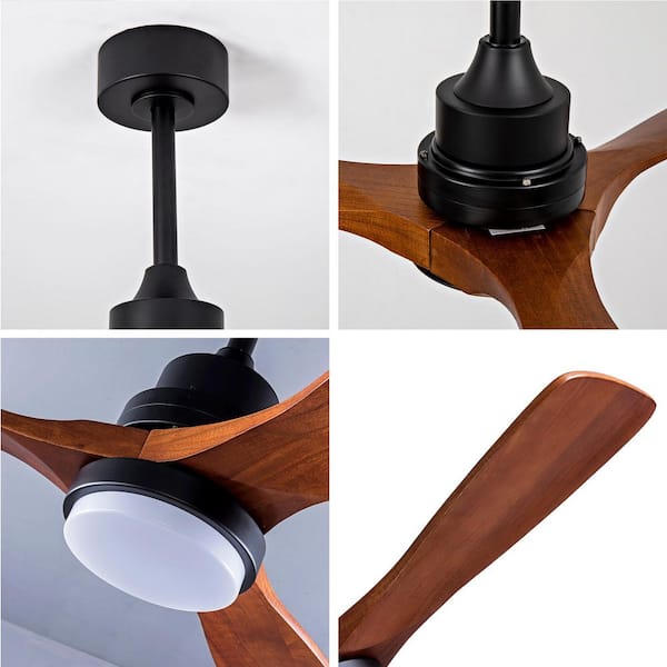 52 in. Smart Black Solid Wood Brown Blades 2-Size Downrod Mount Standard Ceiling Fan with 3-Color Dimmable LED Light