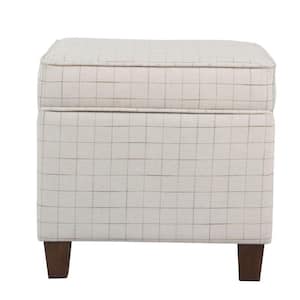Beige and Brown Wooden Square Ottoman with Grid Patterned Fabric Upholstery and Hidden Storage