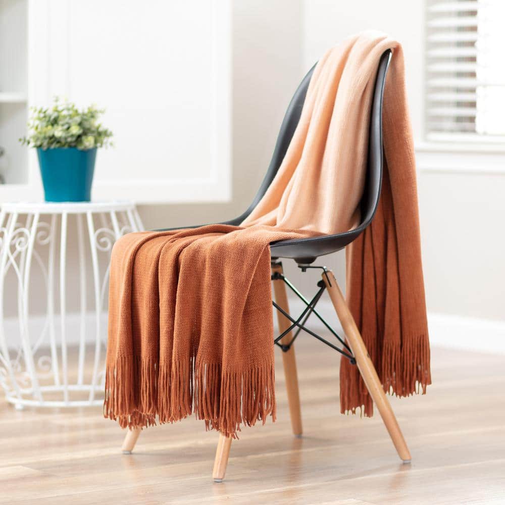 Caramel Gradient Ombre Knitted Faux Fur Throw Blanket with Tassels