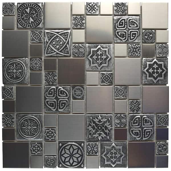 Merola Tile Take Home Tile Sample - Meta Versailles Stainless Steel Metal Over Ceramic Mosaic - 6 in. x 6 in.