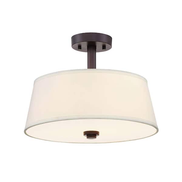 Studio 15 in. 2-Light Satin Bronze Transitional Entryway Semi-Flush Mount with White Fabric Shade