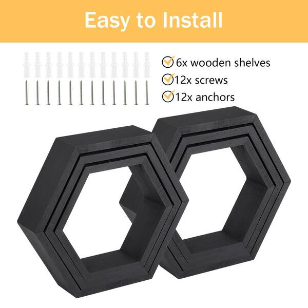 Hexagon Floating Shelves Set of 8 Honeycomb Shelves for Wall, Black, Size: Minimum Size: 9.84 x 8.58 x 4.96 Inches, Small Size: 11.42 x 10.04 x 5.83