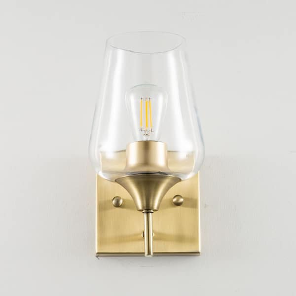 1-Light Antique Brass Wall Sconce Vanity Light with Glass Shade