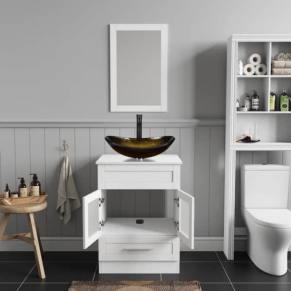 24 in. W x 19 in. D x 33 in. H Single Sink White Bath Vanity with Black/Gold Solid Surface Top Sink and Mirror
