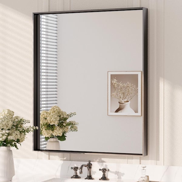 30 in. W x 36 in. H Rectangular Framed Aluminum Square Corner Wall Mount Bathroom Vanity Mirror in Matte Black