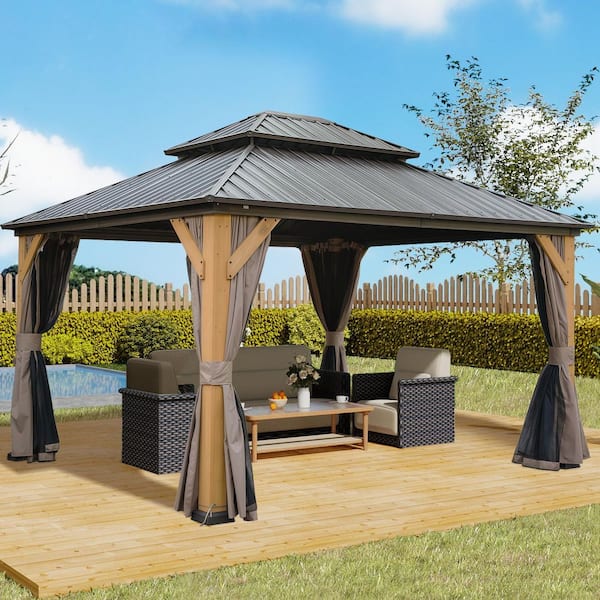 12 ft. x 14 ft. Brown Hardtop Gazebo, Outdoor Cedar Wood Frame Canopy,Galvanized Steel Double Roof, Curtains and Netting