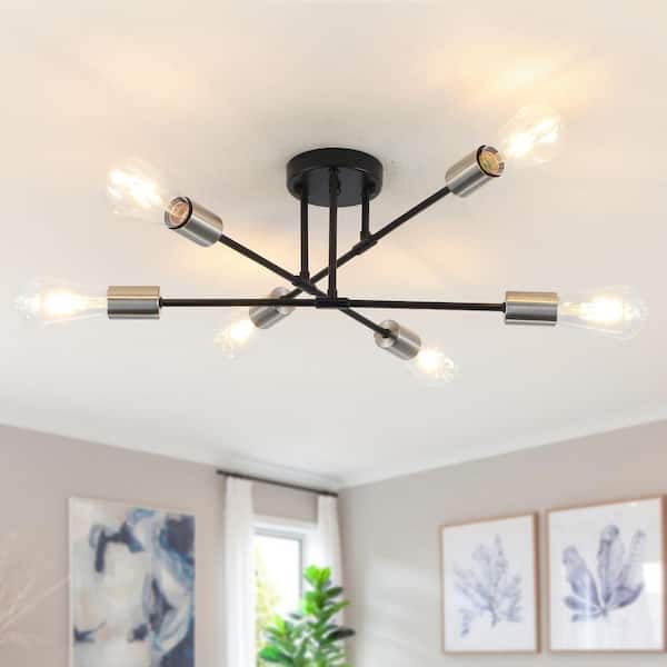 LWYTJO 20.66 in. 6-Light Black/Nickel Dimmable Sputnik Chandelier Modern Linear Semi Flush Mount Ceiling Light for Living Room