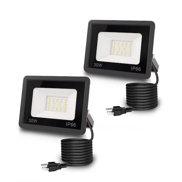 30 Watt 932 Lumen Black Plug-in Integrated LED Flood Light, Outdoor Security Light with Dusk to Dawn Sensor