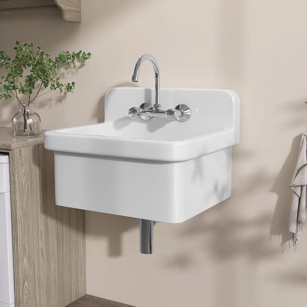10 Gal. 24 in. W x 20 in. D Wall Mount/Freestanding Ceramic Laundry/Utility Sink in White w/ 2-Hole Faucet Bathroom Sink