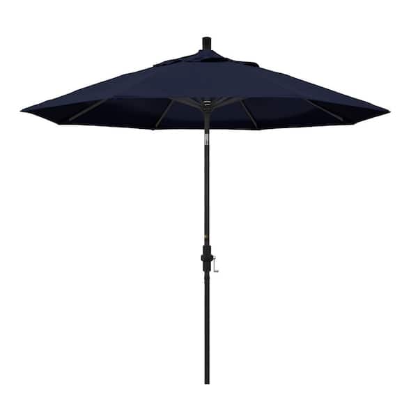 California Umbrella 9 ft. Aluminum Market Collar Tilt - Matted Black Patio Umbrella in navy Blue Pacifica