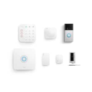 Alarm Kit 2nd Gen (5-Pack) with Video Doorbell - Satin Nickel with Indoor Cam 2nd Gen, White