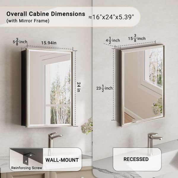 Musey 16 in W x 24 in H Brush Nickel Rectangular Aluminum Medicine Cabinet with Beveled Mirror, Recessed or Surface