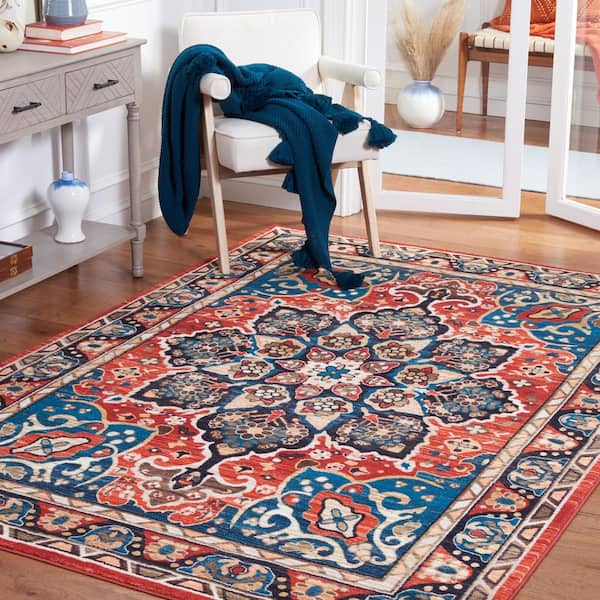Riviera Black/Red 8 ft. x 10 ft. Machine Washable Medallion Border Area Rug