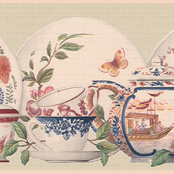 Dundee Deco Falkirk Dandy II Blue Red White Tea Set Country Peel and Stick Wallpaper Border
