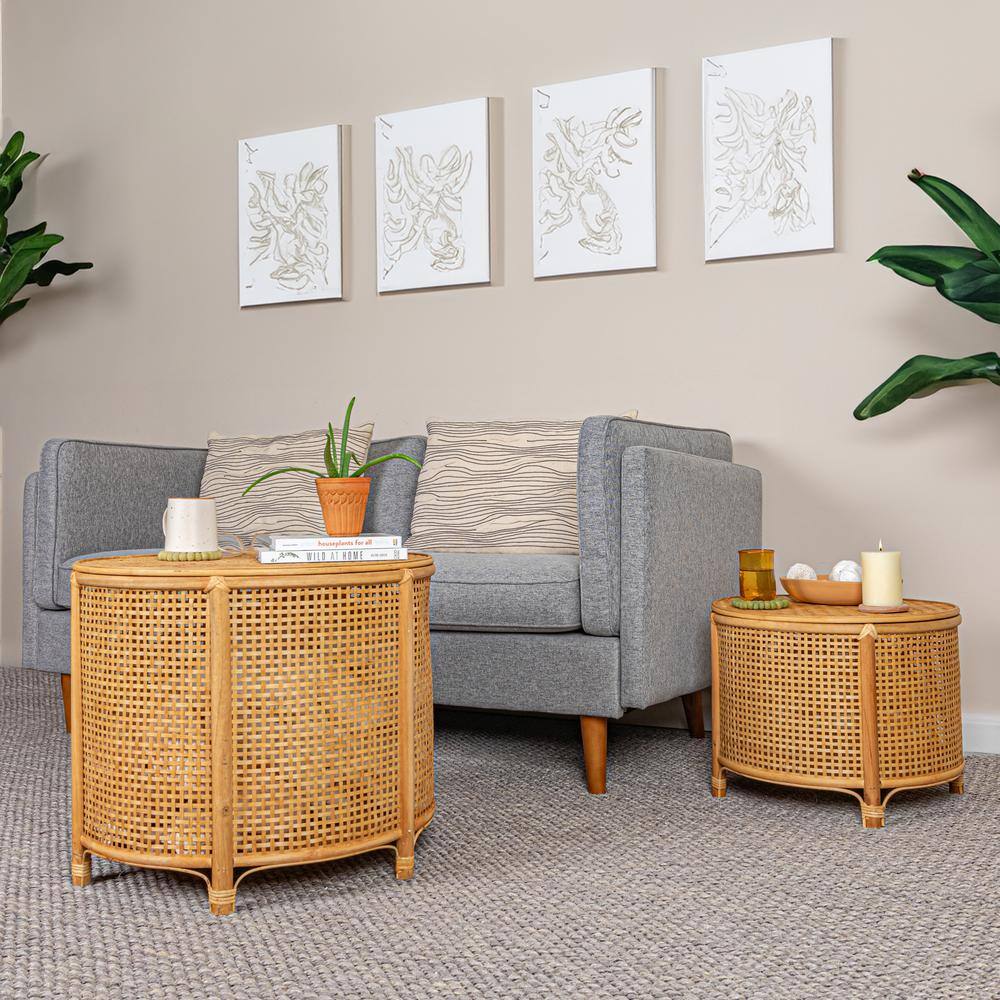 Natural Round Bamboo and Rattan Accent Storage Table