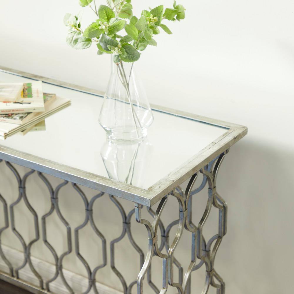 Silver Metal Console Table with Mirrored Glass Top and Trellis Pattern
