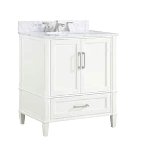Montauk 30 in. W x 22 in. D x 38 in. H Bathroom Vanity in Pure White with Carrara Marble Vanity Top