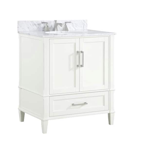 BEMMA Montauk 30 in. W x 22 in. D x 38 in. H Bathroom Vanity in Pure White with Carrara Marble Vanity Top