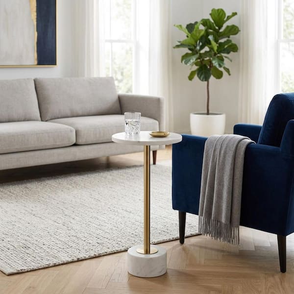 10 in. White/Gold Circle Marble Accent Table