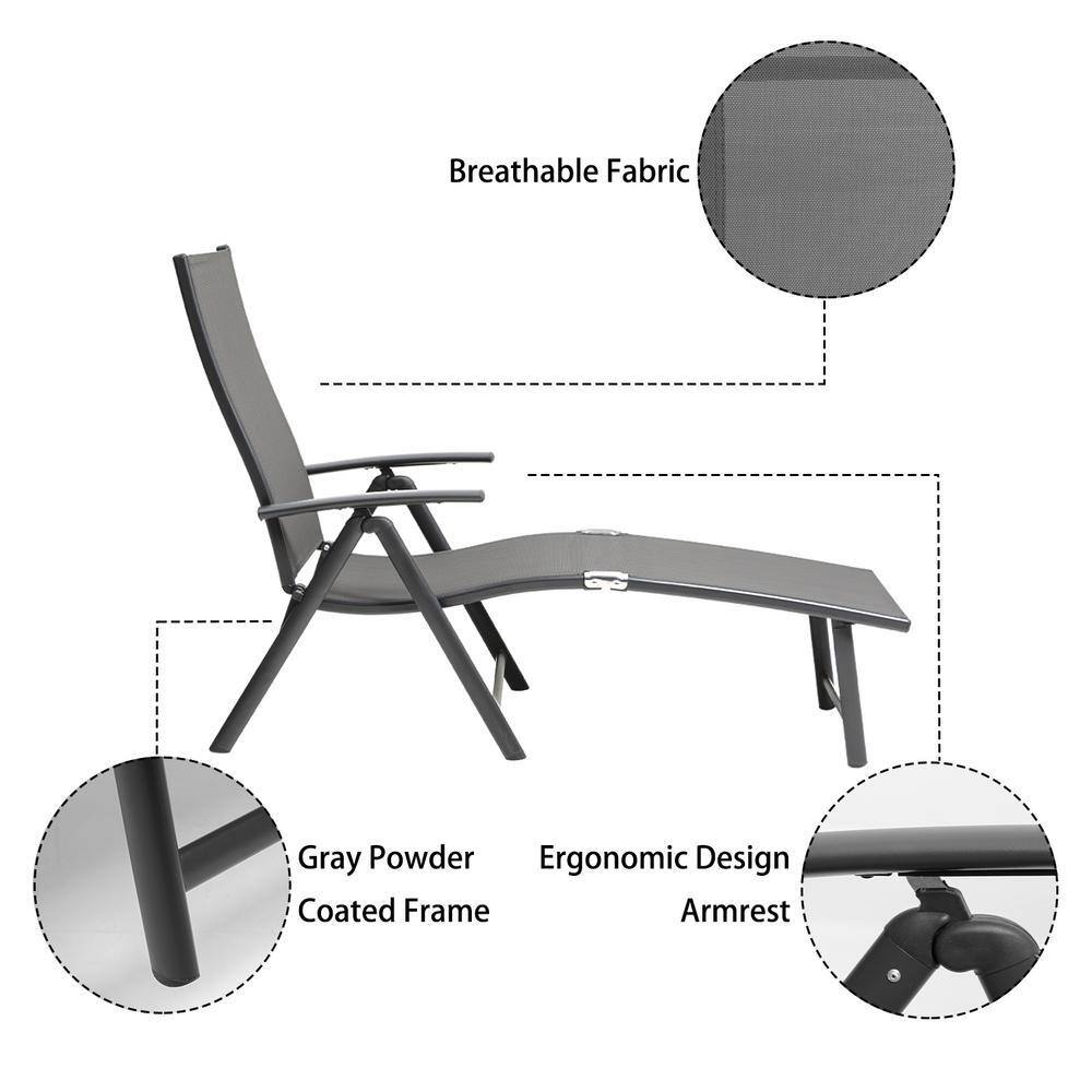 Gray Aluminum 2-Person Adjustable Outdoor Chaise Lounge Set with Table