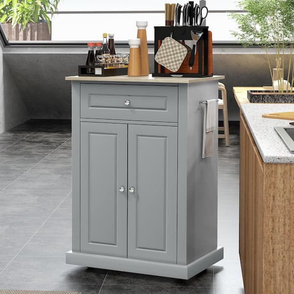Ziyudura Grey Solid Wood Top 18 in. Kitchen Island Cart with 2