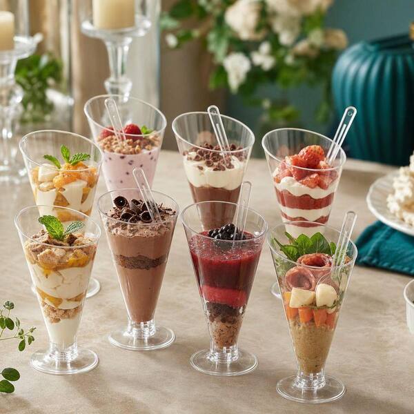 Wudkey 100-Pack 4 oz. Clear Dessert Cups with Spoons, 2.8 in. Disposable Plastic Champagne Flutes, Cocktail Glasses