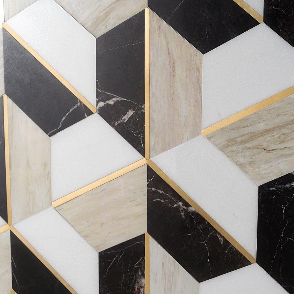 Saint Laurent Polished Marble and Brass Hexagonal Mosaic Tile