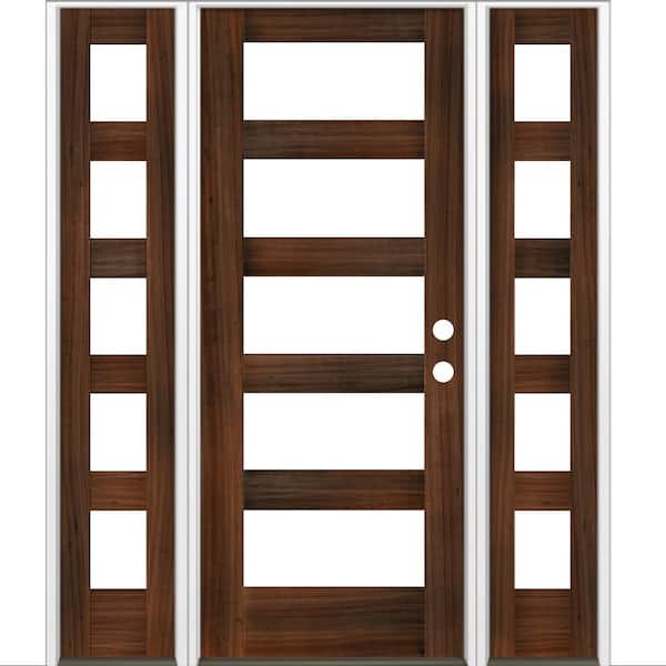 Krosswood Doors 64 in. x 80 in. Modern Hemlock Left-Hand/Inswing 5-Lite Clear Glass Red Mahogany Stain Wood Prehung Front Door with DSL