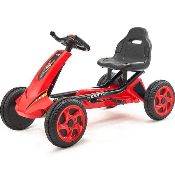 VEVOR Kids Pedal Go Kart, 4-Wheel Off-Road Pedal Go Cart Ride On Toy for Kids, Steering Wheel, Adjustable Seat, Non-Slip, Red