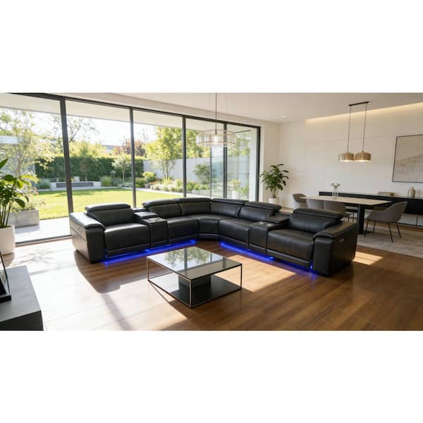 227 in. Faux Leather L-Shaped Power Recliner Sectional Sofa in Dark Gray with Bluetooth Speakers and Storage Console
