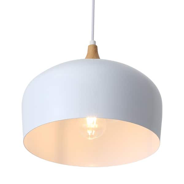 60 -Watt 1-Light White Pendant Light with Dome Wood Color Shade, No Bulbs Included