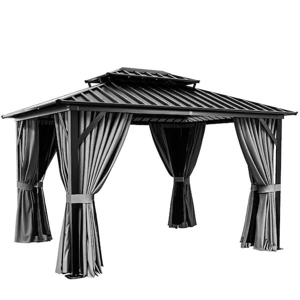 12 ft. x 10 ft. Outdoor Galvanized Steel Double Roof Gazebo with Curtain and Net, Ceiling Hook