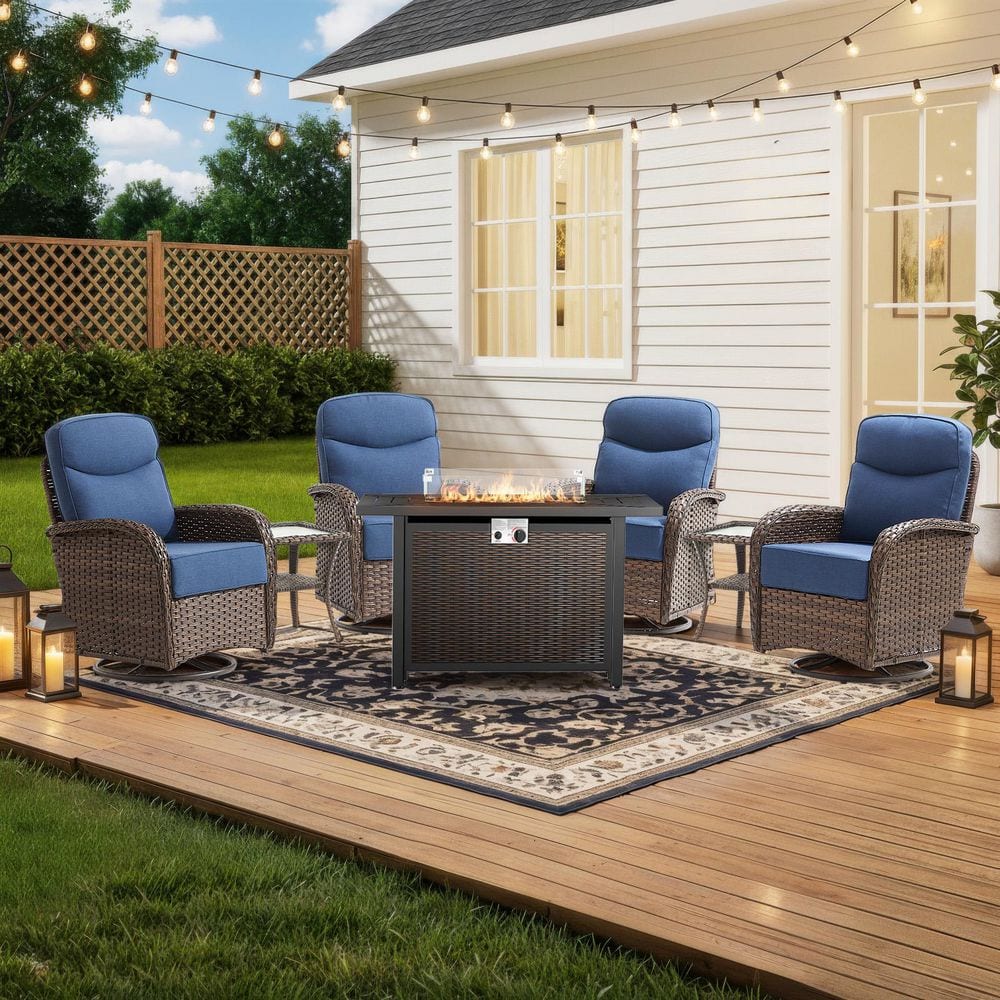 Moonridge 7-Piece Brown Wicker Fire Pit Conversation Set with 6 In. Olefin Blue Cushions / Patio Swivel Chairs price history on PriceWatchPro