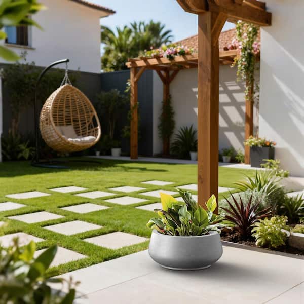 17 in. Dia Round Curvy Concrete Planter, Large Bowl Plant Pots with Drainage Hole, Concrete Gray(Enhanced Interior)