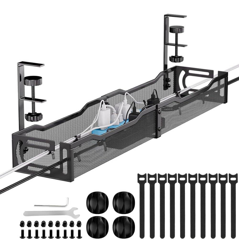 Under Desk Cable Management Tray Metal Cord Organizer Clamp Mount for Standing Desk Home Office Black 1-Piece