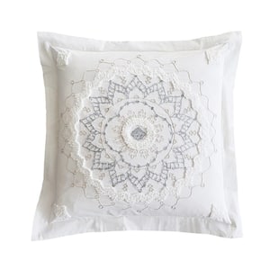 Harleson Medallion White, Blue, Beige Embroidered Textured Mandala Cotton Euro Sham