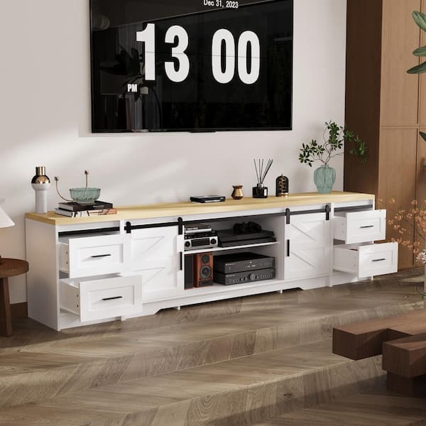94.5 in. Extra Long White Barn Door TV Stand for TVs up to 100 in. with 4 Drawers, Sliding Doors and Adjustable Shelves