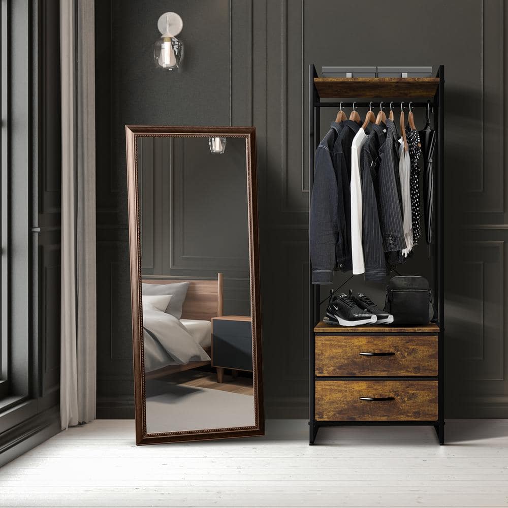 Portable Black Steel and Wood Garment Rack with Drawers
