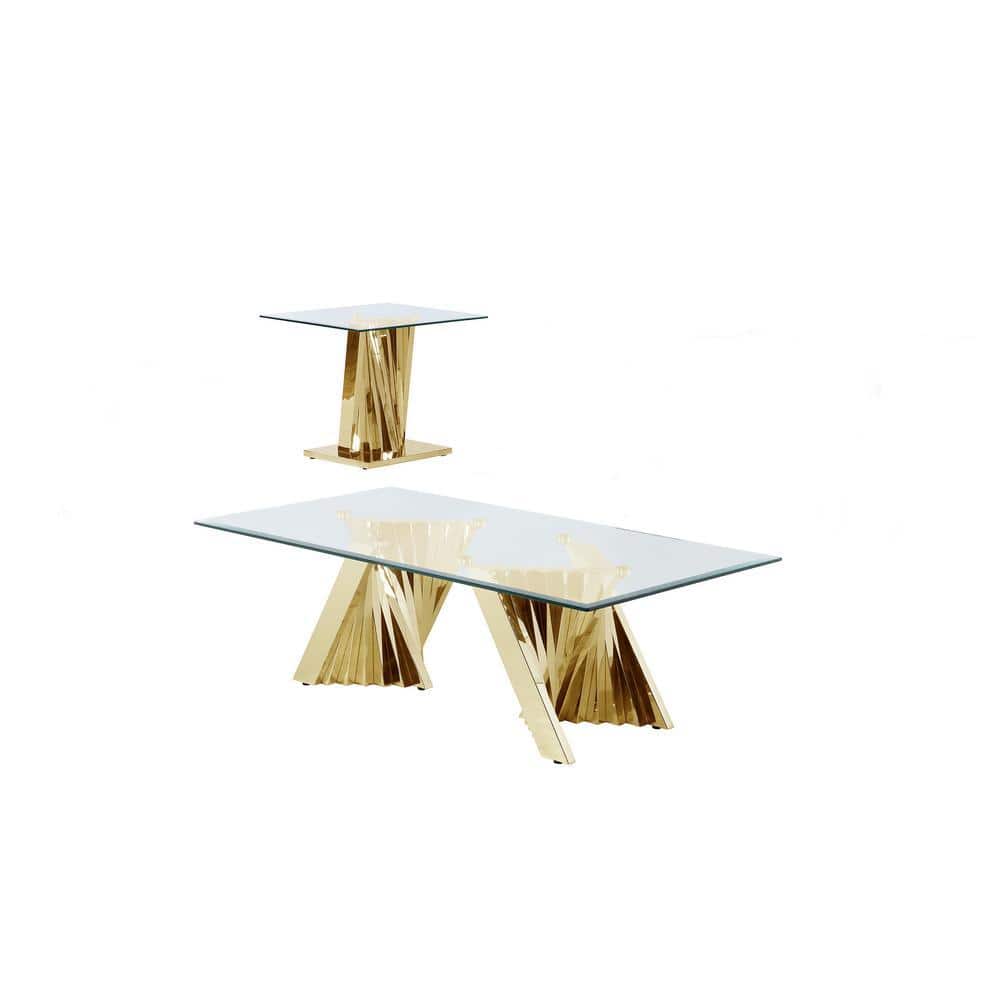 Ozuna 55 in. Tempered Clear Gold Rectangle Glass Stainless Steel Coffee Table of (2-Pieces)