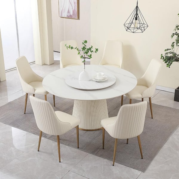 59 in. Modern Beige and White Sintered Stone Wood Metal Pedestal Dining Table set with 31.5 in. Turntable and 6 Chairs