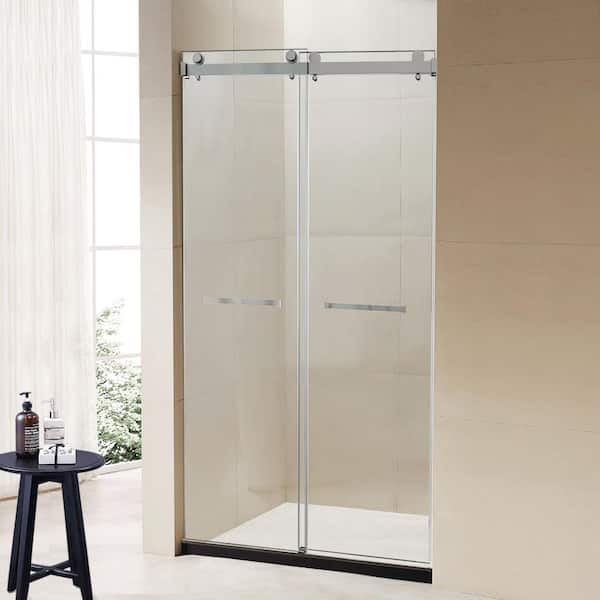 54 in. W x 76 in. H Double Sliding Frameless Shower Door in Brushed Nickel Finish with Tempered Glass